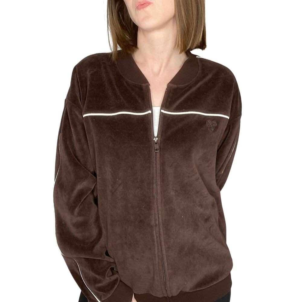 Aritizia TNA Brown Velour Velvet White Piping Zip-up Track Jacket Medium